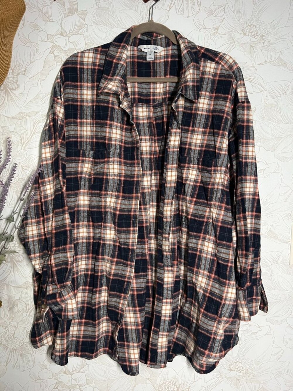 Old Navy Womens Flannel Plaid Boyfriend Shirt 4X Navy/Orange Cotton Button-Up